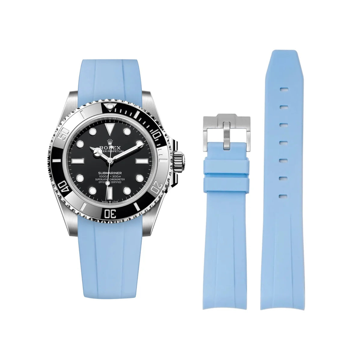 RUBBER STRAP for ROLEX SUBMARINER BUCKLE PASTEL BLUE BLACK PRE 2020 20MM